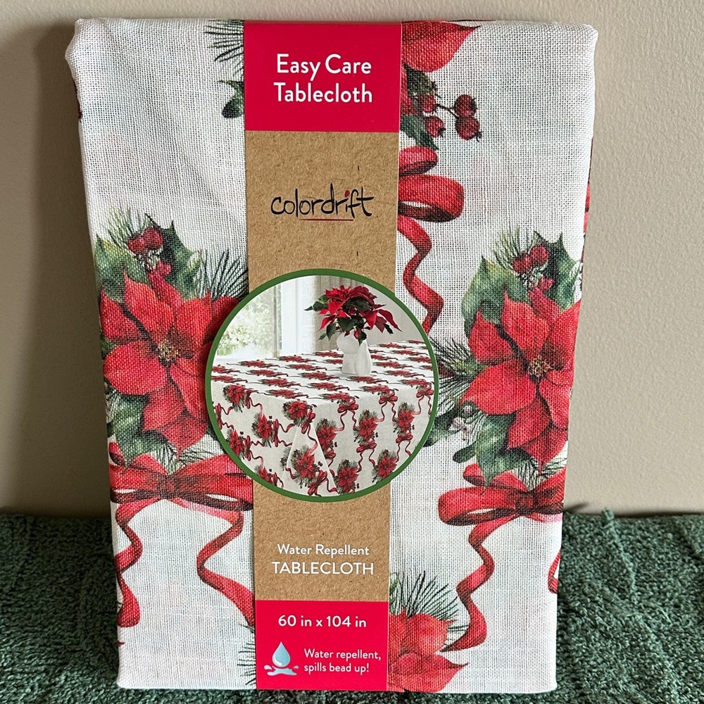 ColorDrift Holiday Christmas Tablecloth Red Poinsettias Bows Holly 60x104 NEW!